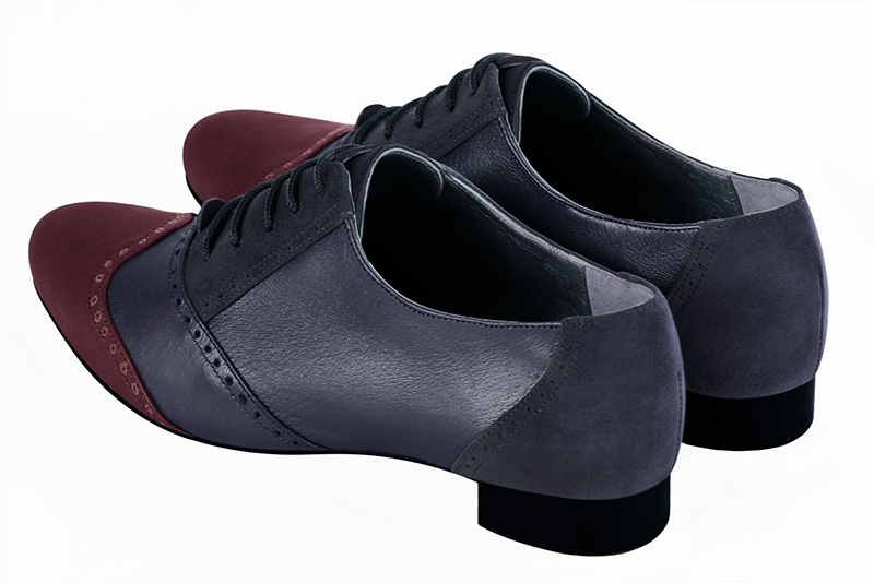 Burgundy red and denim blue women's fashion lace-up shoes. Round toe. Flat leather soles. Rear view - Florence KOOIJMAN